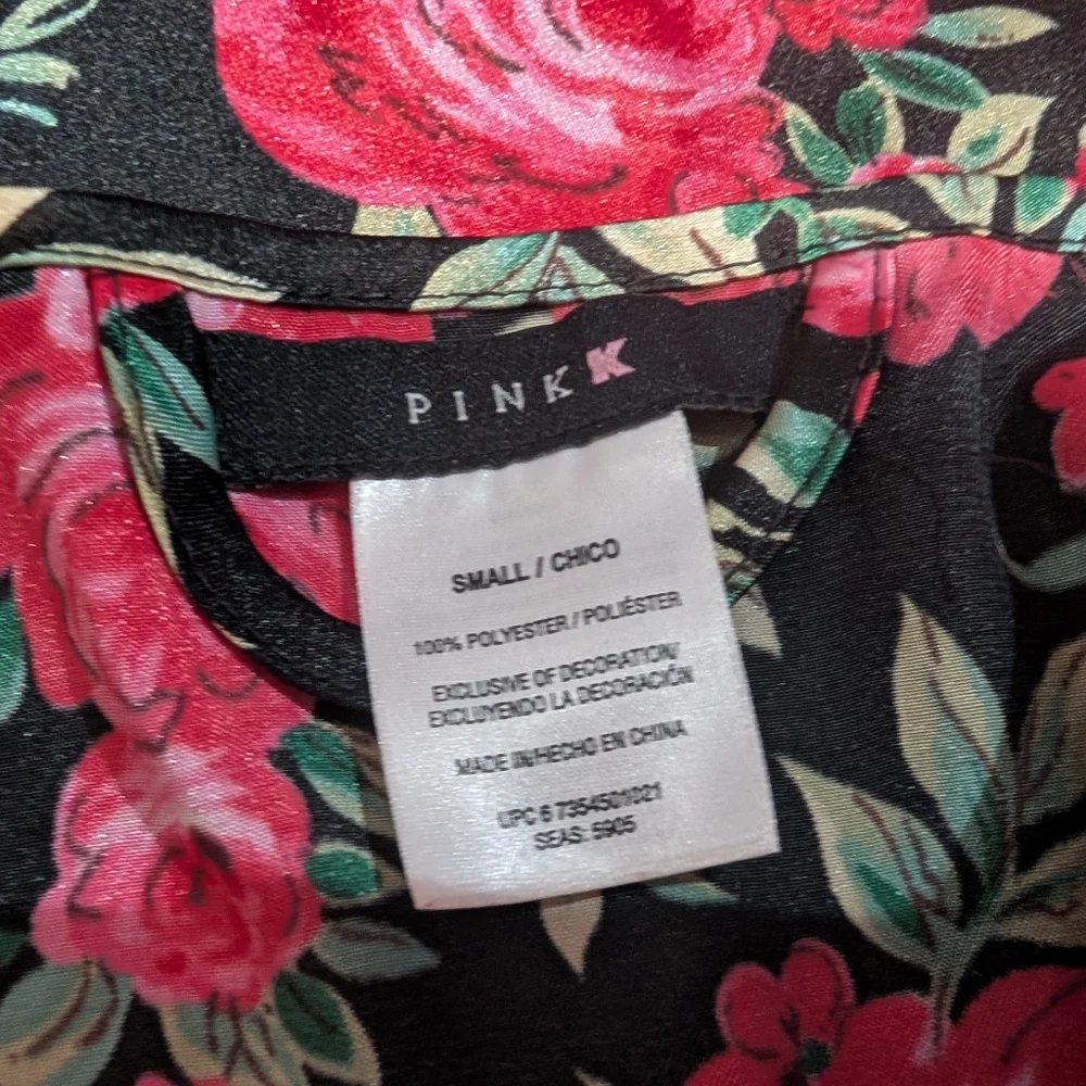 New Women's Pink K Robe Lingerie Tie Waist Flowers Black Pink Roses Size Small